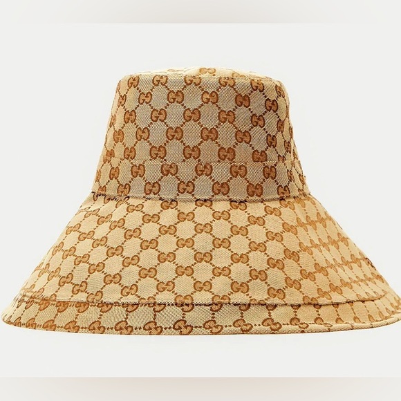 Gucci GG Monogram Bucket Hat Large Wide Brim Tan Beige Canvas Beach Logo Design - Picture 12 of 15